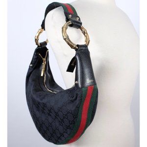 GUCCI half moon hobo shoulder bag canvas monogram black bamboo ring